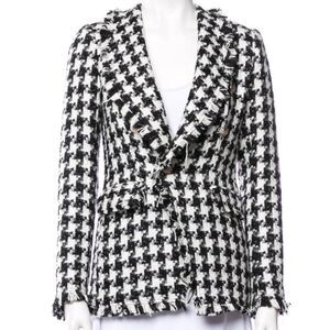 Rachel Zoe Black White Houndstooth Raw Hem Tweed Blazer Suit Jacket Coat Small